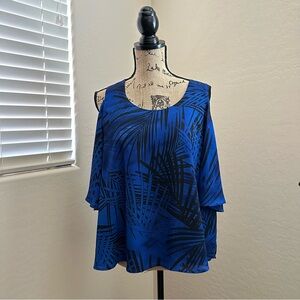 Blue Palm Print Women's Cold Shoulder Top